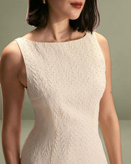 The Beige Boat Neck Textured Mini Dress