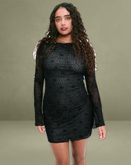 Sevila Long Sleeve Mini Dress in Mesh Black Abstract Flower Flock