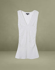 Luscian Plunge Mini Dress in White with Micro Polka Black