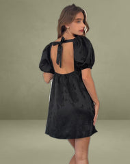 Bimbi Babydoll Mini Dress in Satin Jacquard Black