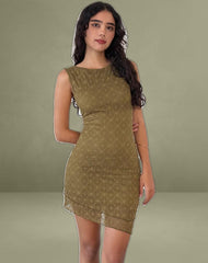 Renata Mini Dress in Textured Moss Green