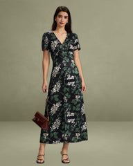 Black V Neck Floral Midi Dress