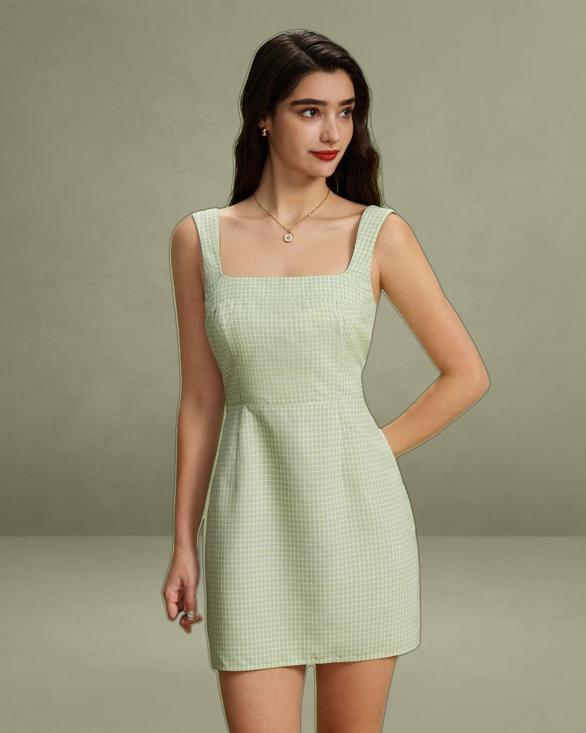 Green Plaid Square Neck Shirred Slip Mini Dress