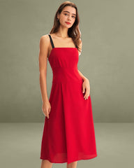 Red Contrast Slit Slip Midi Dress