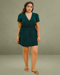 Green Puffed Sleeve Plus Size Mini Dress