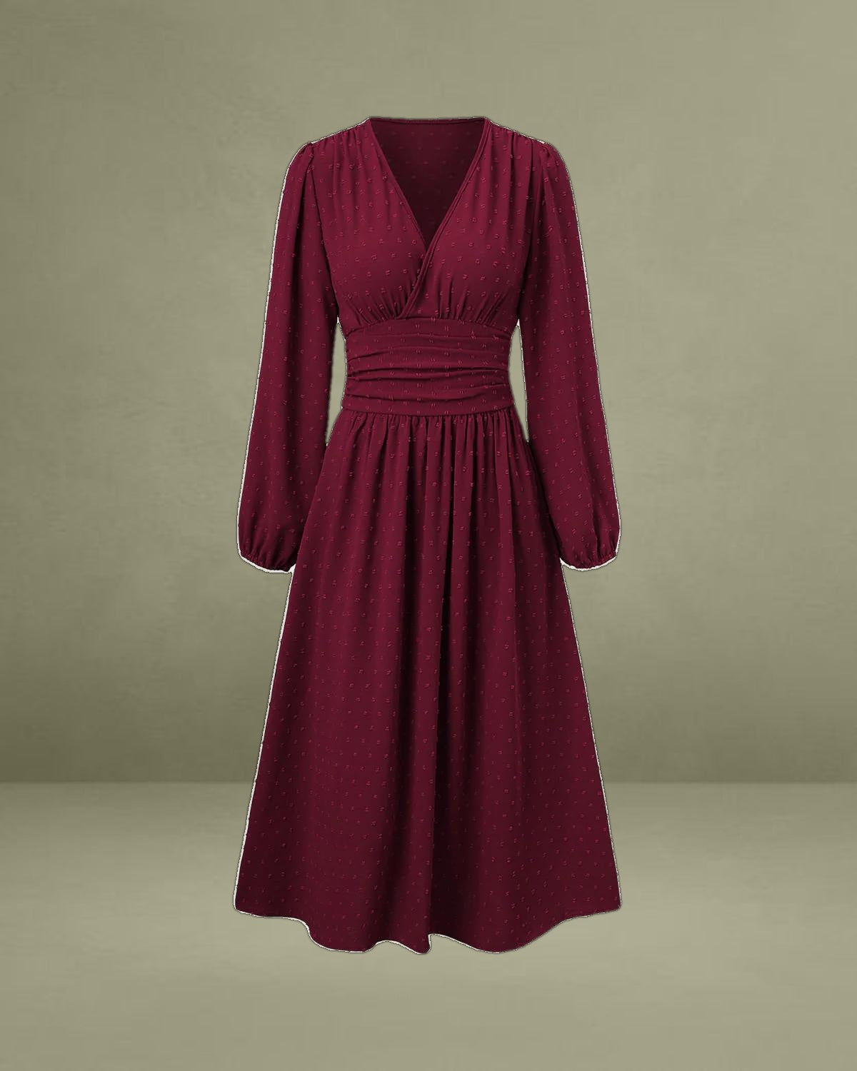 Wine Red Polka Dot Shirred Midi Dress