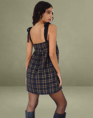 Mikayla Square Neck Mini Dress in Navy and Mustard Check