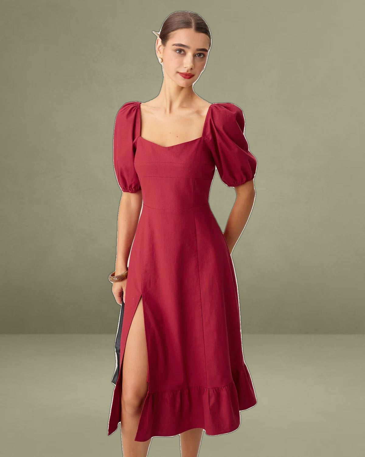 Red Square Neck Shirred Midi Dress