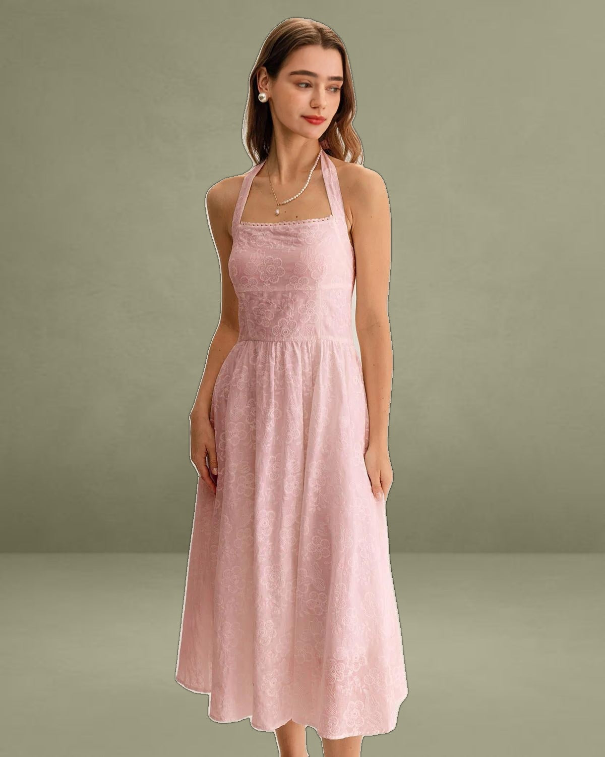 Pink Embroidery Halter Midi Dress