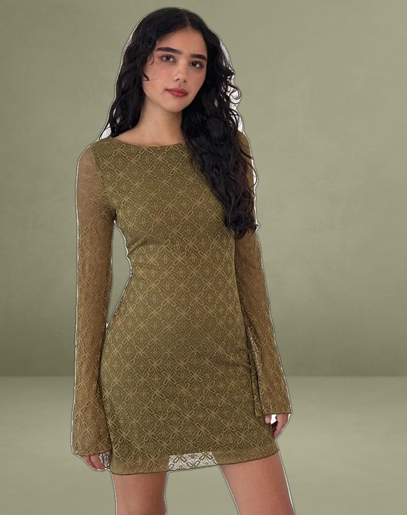 Sevila Long Sleeve Mini Dress in Textured Moss Green