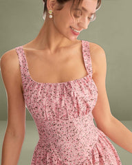 Pink Floral Ruched Corset Slip Mini Dress