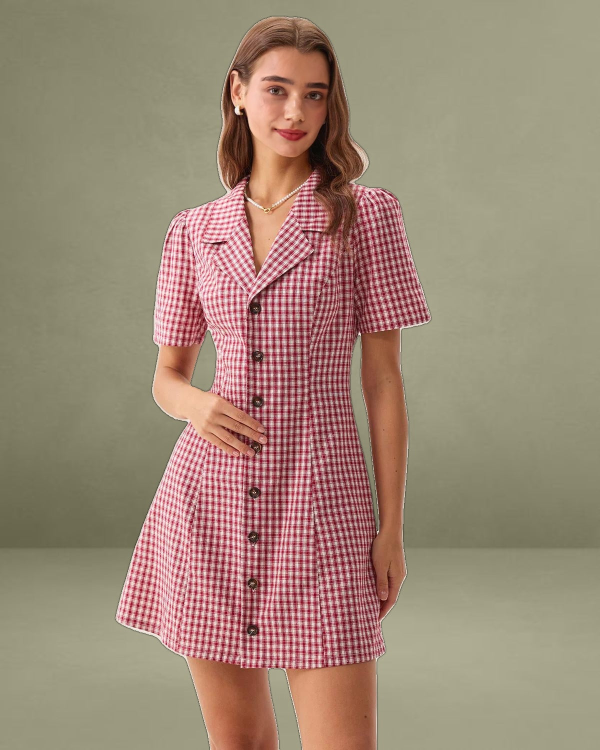 Red Plaid Pocket Button Mini Dress
