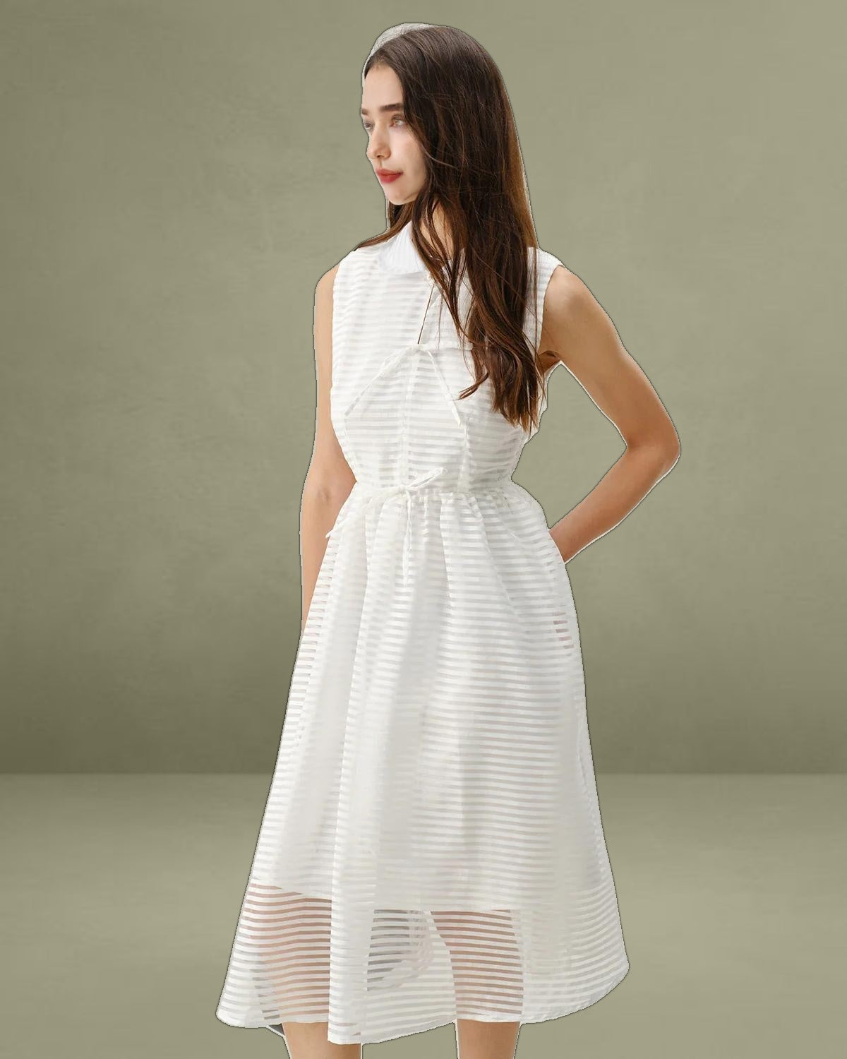 White Striped Sleeveless Midi Dress