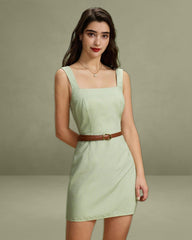 Green Plaid Square Neck Shirred Slip Mini Dress