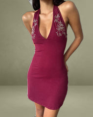 Hepzhi Mini Dress in Burgundy With Floral Embroidery