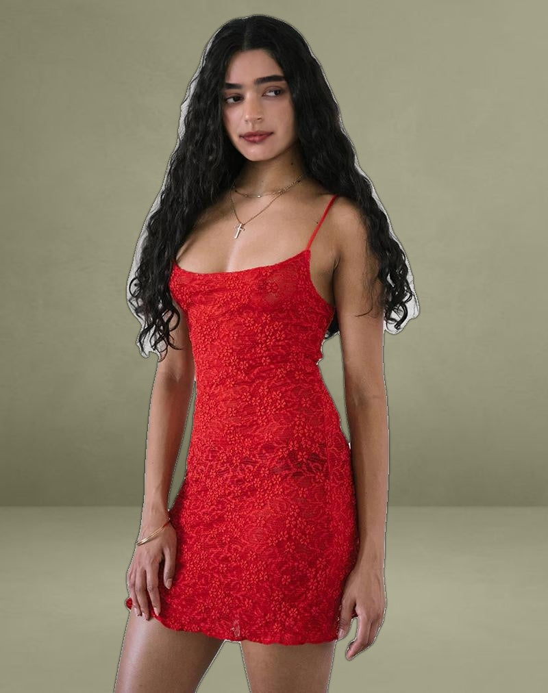 Ismene Mini Dress in Unlined Lace Red