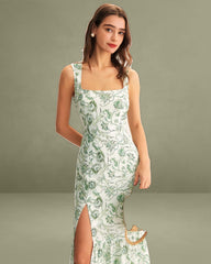 Green Floral Square Neck Midi Dress