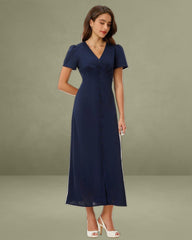 Blue V Neck Button Pleated Midi Dress