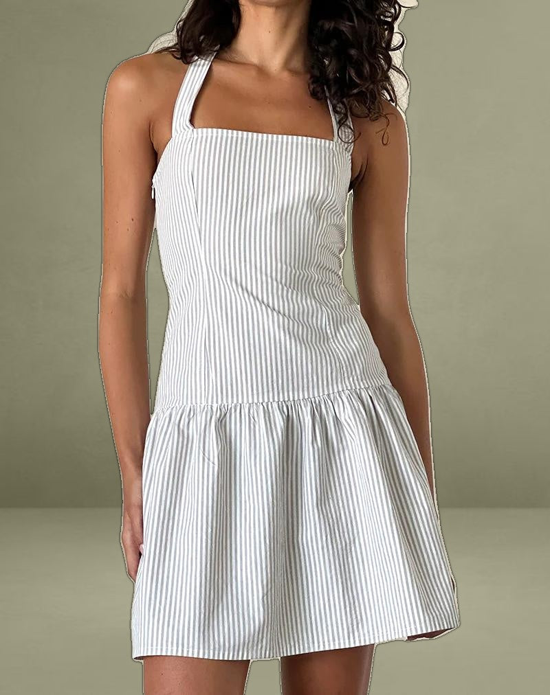 Panja Mini Dress in Small Stripe Vertical Grey