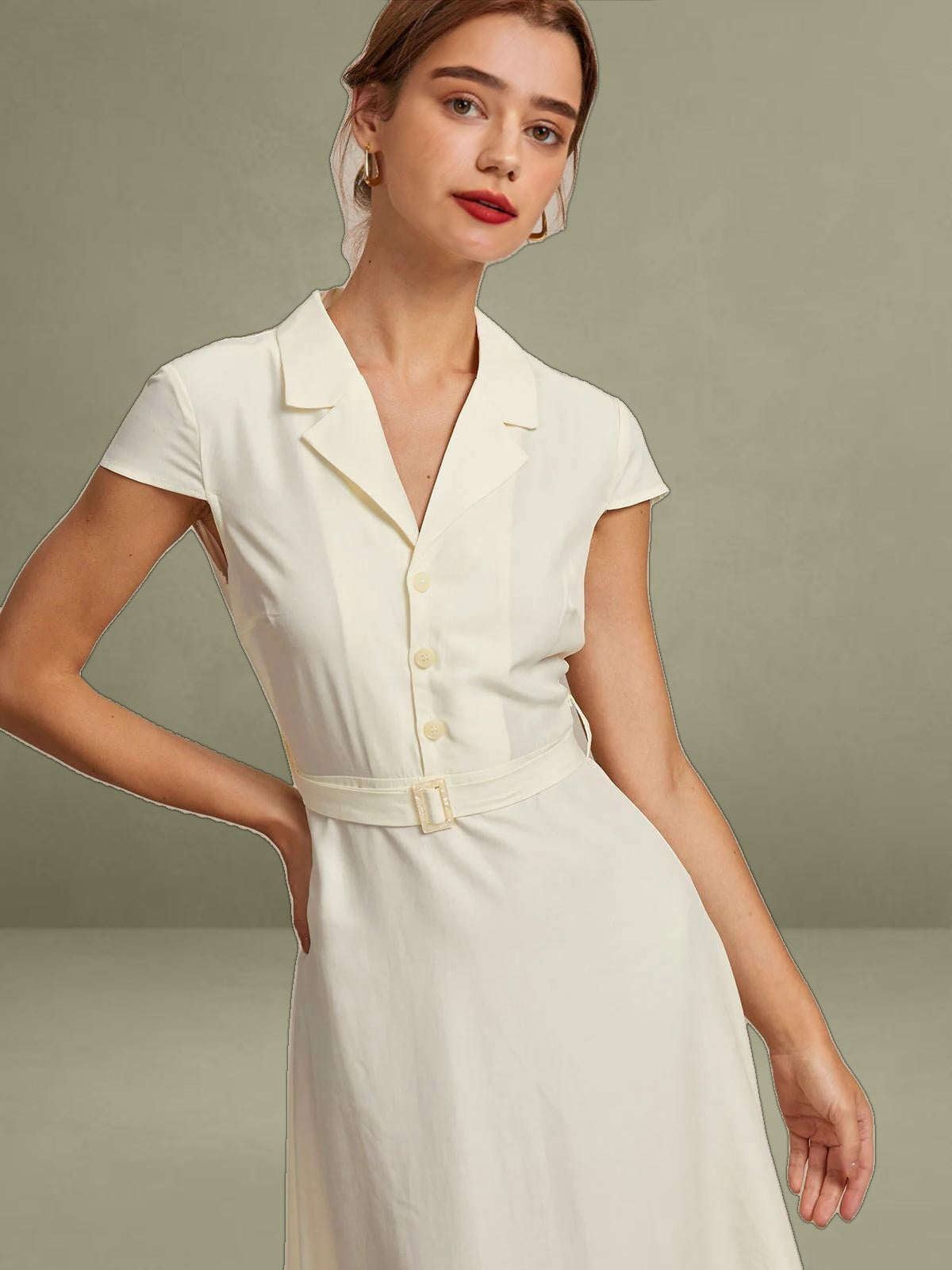 Beige Lapel Cap Sleeve Shirt-Style Midi Dress