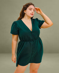 Green Puffed Sleeve Plus Size Mini Dress