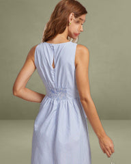 The Blue V Neck Shirred Striped Maxi Dress