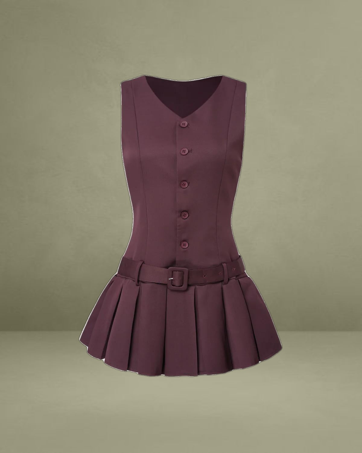 Wine Red V-Neck Sleeveless Belted Mini Dress