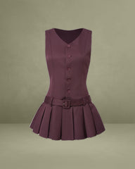Wine Red V-Neck Sleeveless Belted Mini Dress