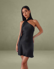 Brigid One Shoulder Satin Dress in Black