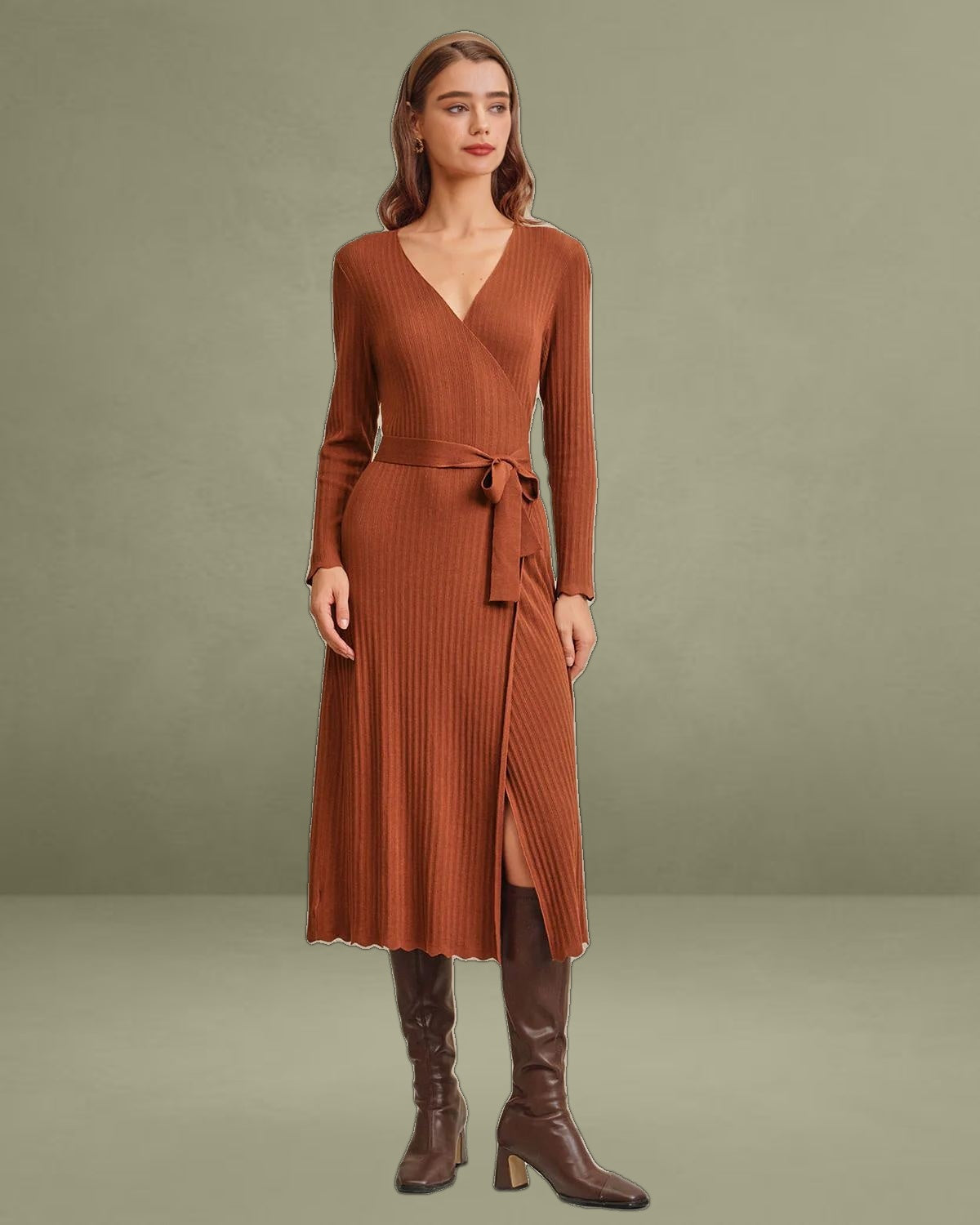 Caramel Knit Wrap Midi Dress
