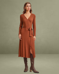 Caramel Knit Wrap Midi Dress