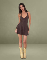 Semary Halterneck Wrap Mini Dress in Bitter Chocolate