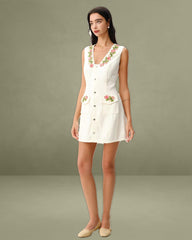 White Floral V Neck Sleeveless Mini Dress