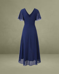 Navy V Neck A-Line Ruffle Maxi Dress