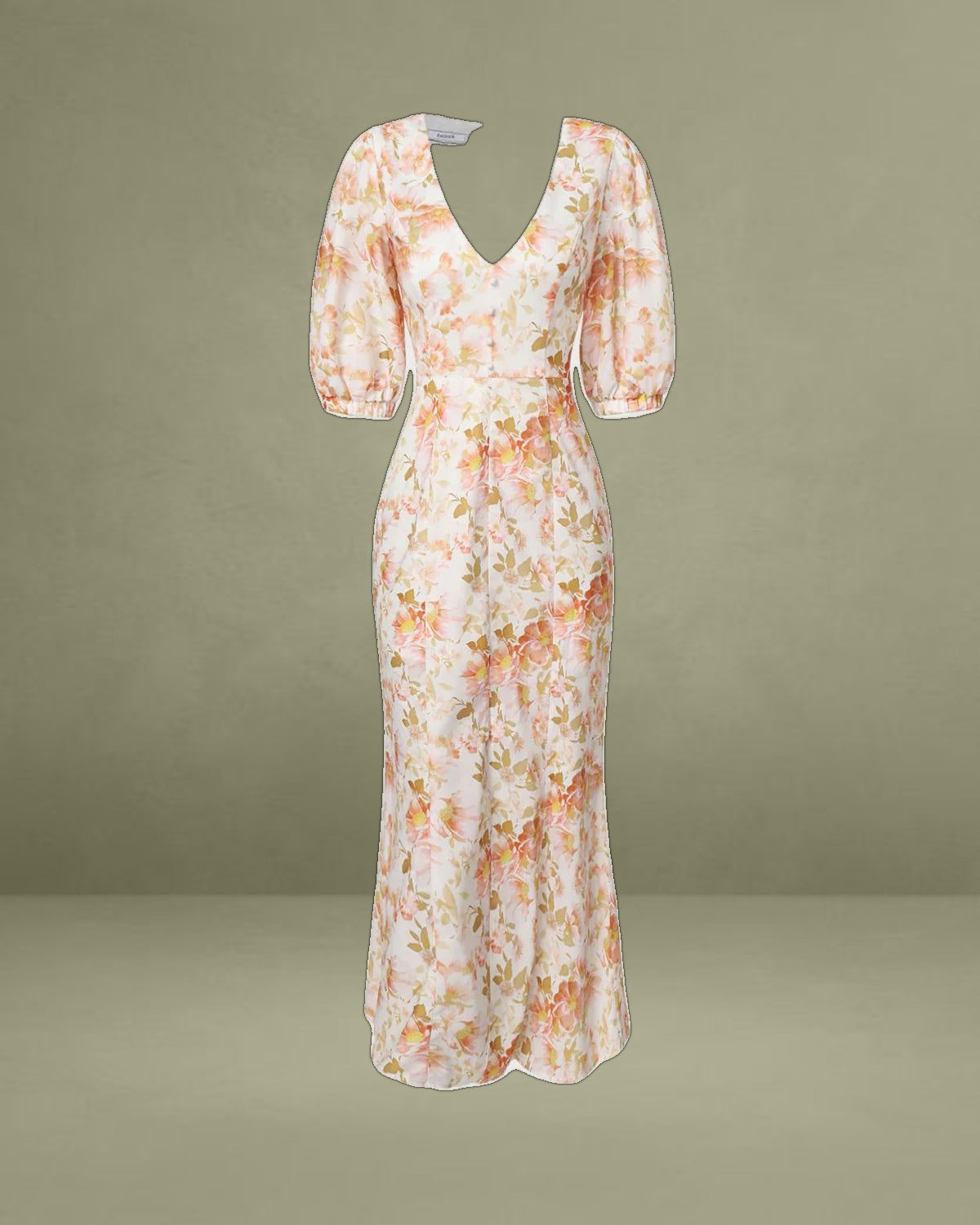 Orange Floral V-Neck Puffed Sleeve Maxi Dress