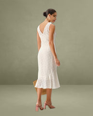 Beige Polka Dot V-Neck Midi Dress