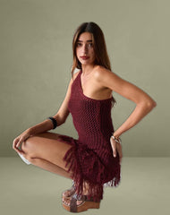 Meloka Asymmetric Fringe Mini Dress in Berry