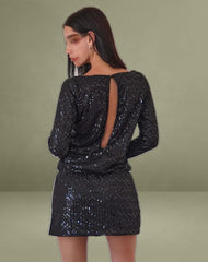 Jasilia Long Sleeve Mini Dress in Gauzy Sequin Black