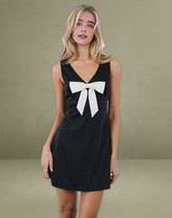 Faradiba Mini Dress in Satin Black with Ivory Bow