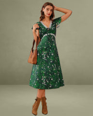 Green Floral V Neck Ruched Midi Dress
