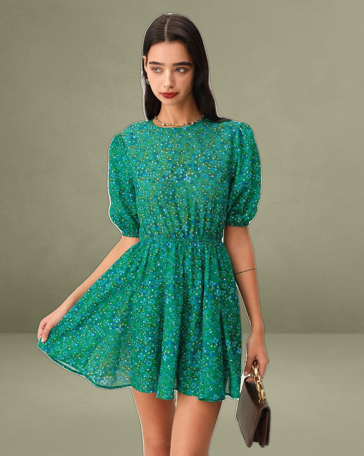 Green Ruched Elastic Waist Mini Dress