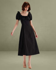 Black Embroidery Puffed Sleeve Maxi Dress