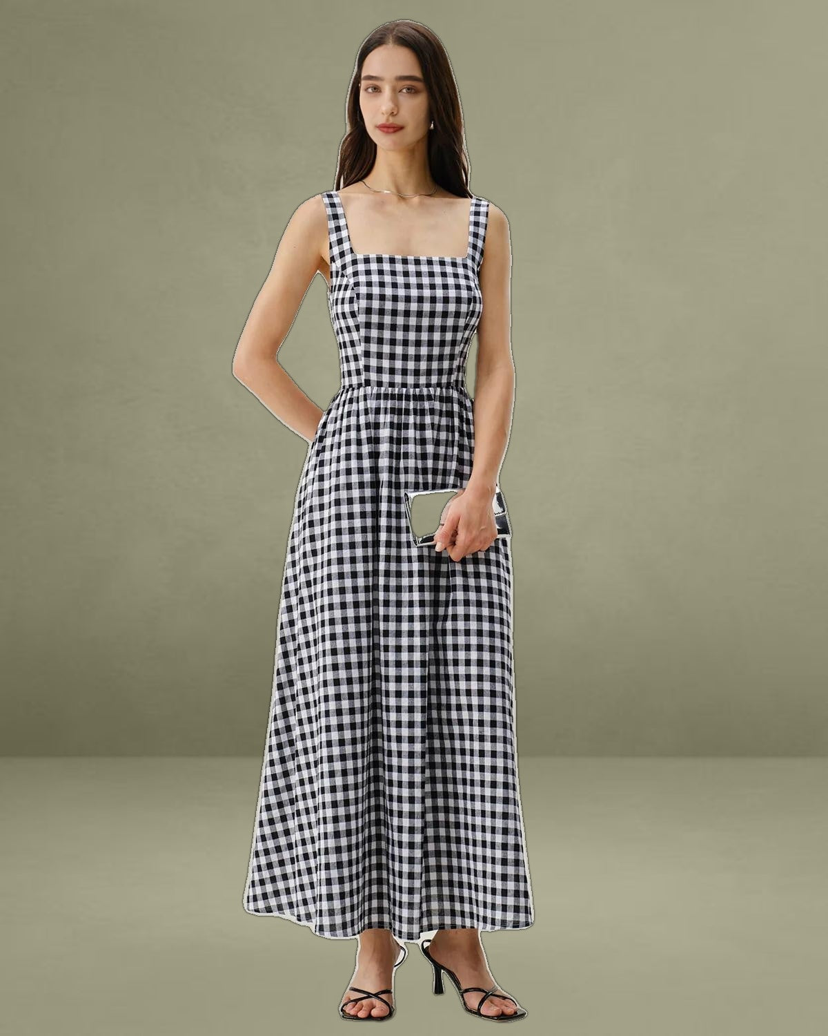 Black Plaid Square Neck Pocket Slip Maxi Dress