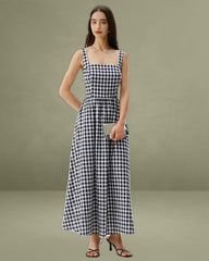 Black Plaid Square Neck Pocket Slip Maxi Dress