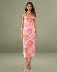 Rujira Cowl Midi Dress in Floral Pink Orange