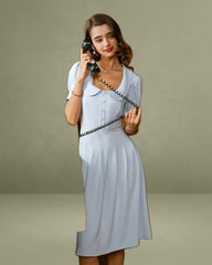 Blue U Neck Puffed Sleeve Pleated Midi Dress