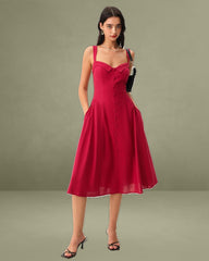 Red Sweetheart Neck Slip Midi Dress