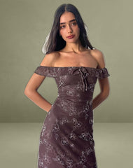 Catrin Midi Dress in Doodle Flower Flock Brown