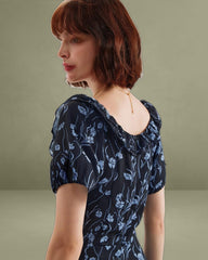 Navy Floral U-Neck Puffed-Sleeve Maxi Dress