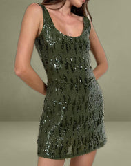 Lalaurie Scoop Neck Mini Dress in Mixed Drape Sequin Khaki